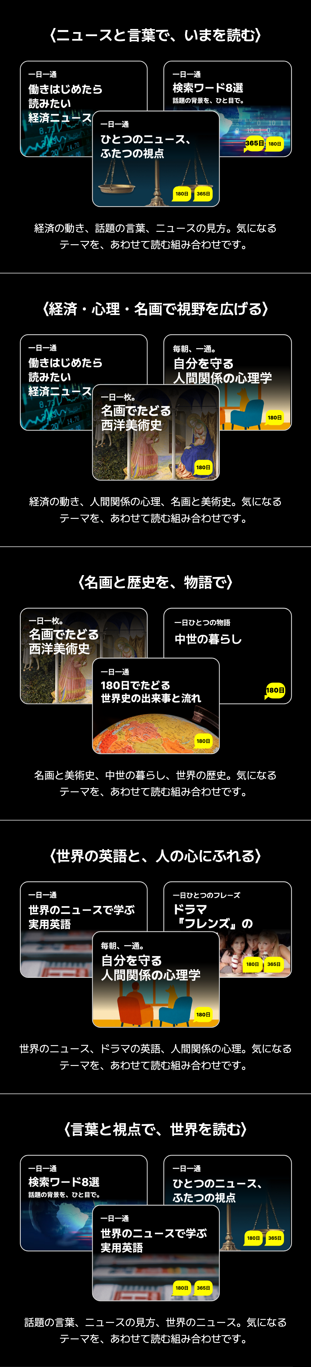 ニュースと言葉で、いまを読む 経済・心理・名画で視野を広げる 名画と歴史を、物語で 世界の英語と、人の心にふれる 言葉と視点で、世界を読む