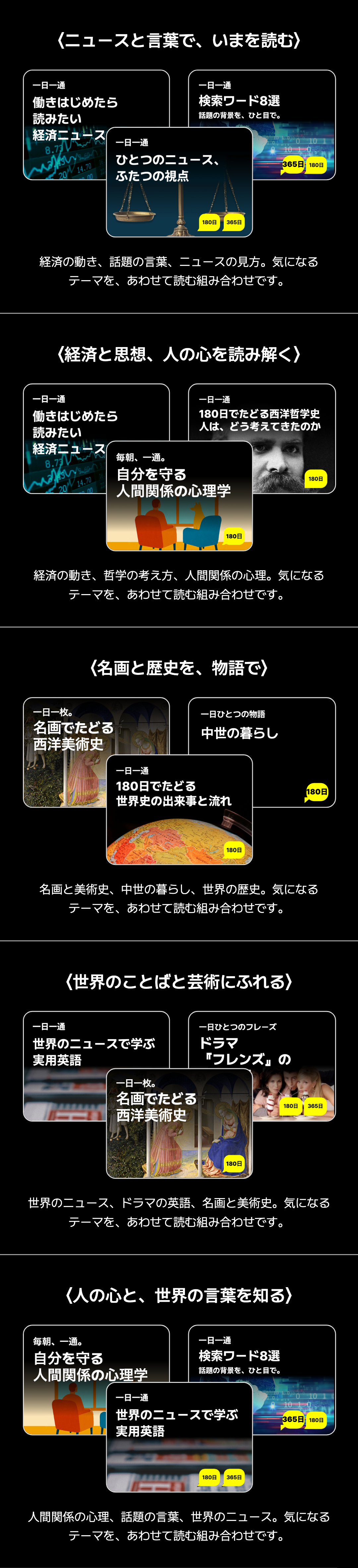 ニュースと言葉で、いまを読む 経済と思想、人の心を読み解く 名画と歴史を、物語で 世界のことばと芸術にふれる 人の心と、世界の言葉を知る